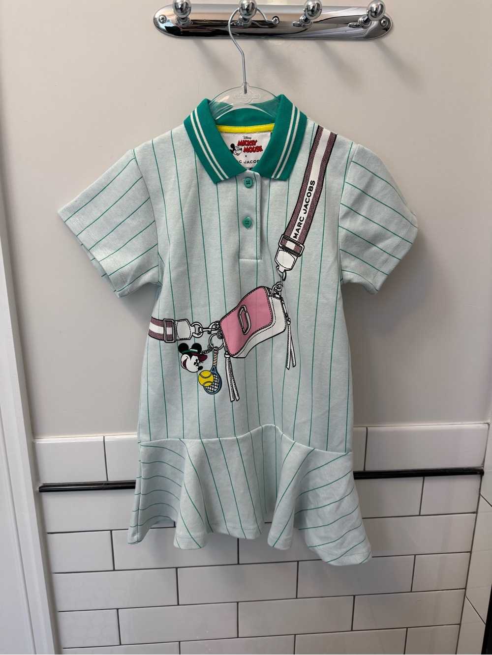 Marc Jacobs Mint Green Mickey Mouse Striped Polo Dress with Pink Bag Graphic